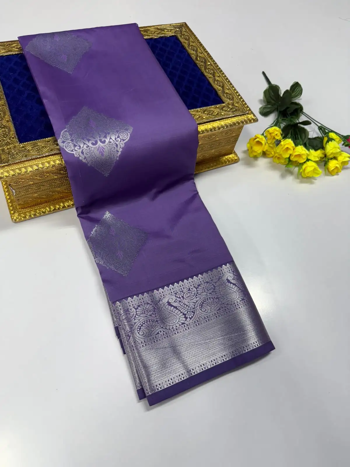 Ornate Floral Diamond Butta Peacock Brocade Border Semi Kanchipuram Silk Saree